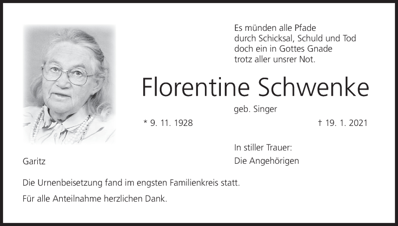  Traueranzeige für Florentine Schwenke vom 30.01.2021 aus MGO