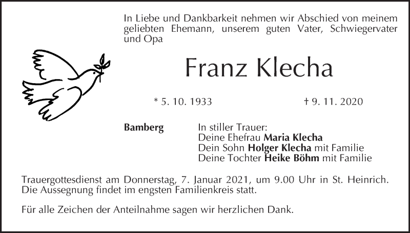  Traueranzeige für Franz Klecha vom 04.01.2021 aus MGO
