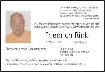 Anzeige von Friedrich Rink von MGO