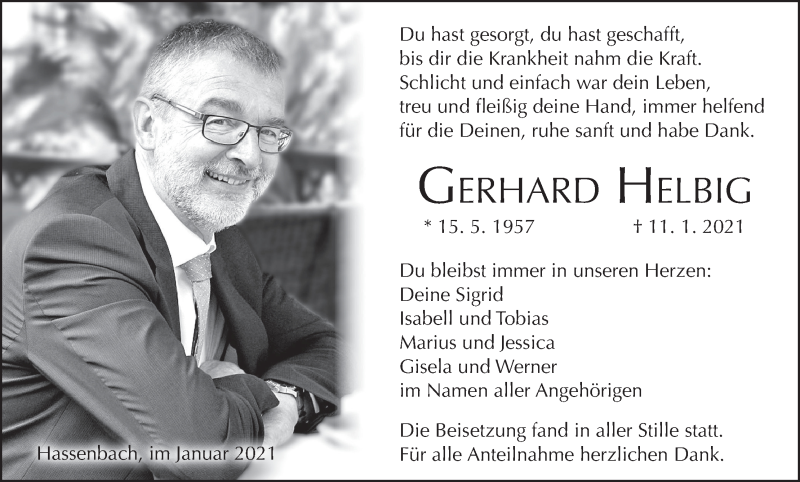  Traueranzeige für Gerhard Helbig vom 16.01.2021 aus MGO