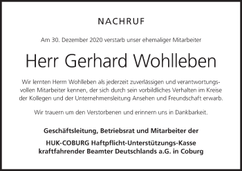 Anzeige von Gerhard Wohlleben von MGO