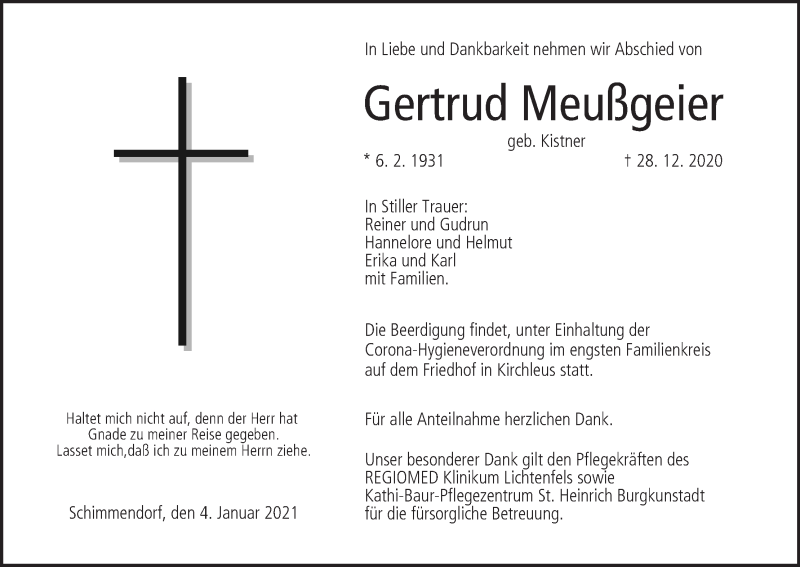  Traueranzeige für Gertrud Meußgeier vom 04.01.2021 aus MGO