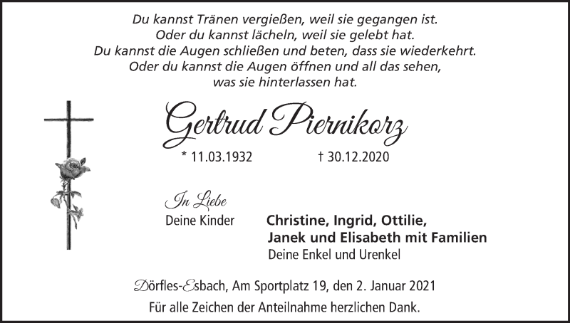  Traueranzeige für Gertrud Piernikorz vom 02.01.2021 aus MGO