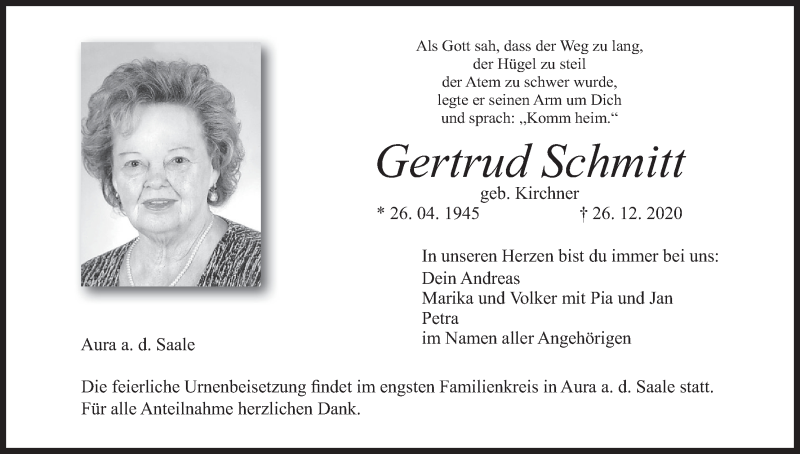  Traueranzeige für Gertrud Schmitt vom 31.12.2020 aus MGO
