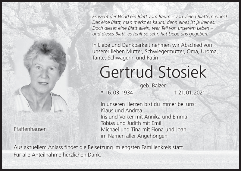  Traueranzeige für Gertrud Stosiek vom 23.01.2021 aus MGO