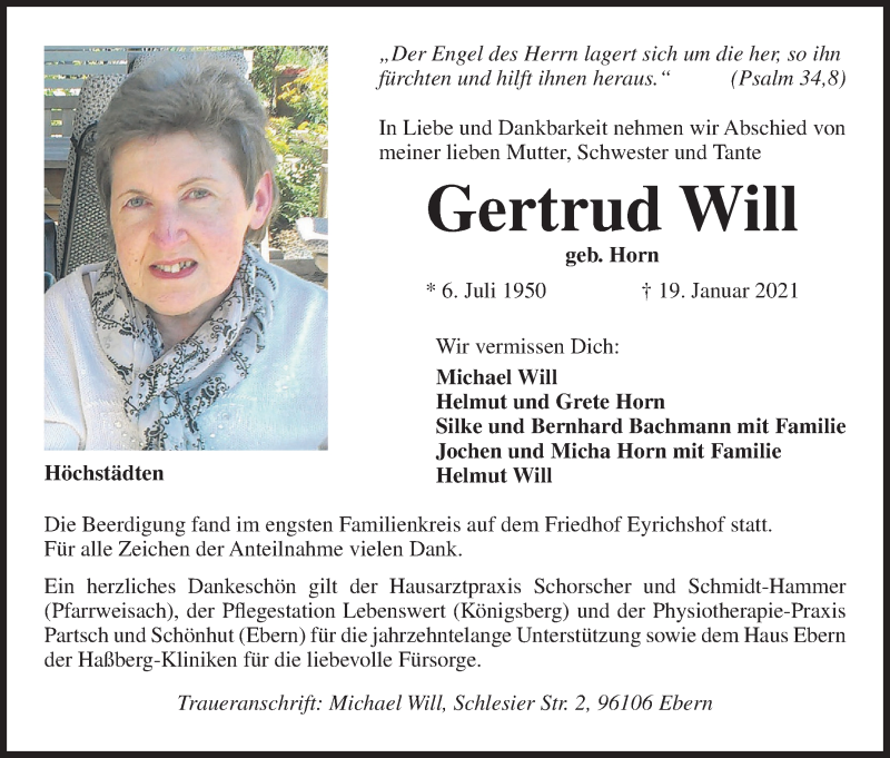  Traueranzeige für Gertrud Will vom 30.01.2021 aus MGO