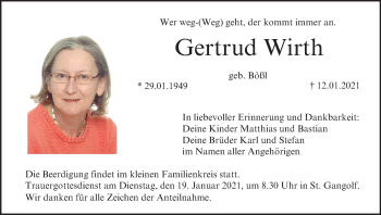 Anzeige von Gertrud Wirth von MGO