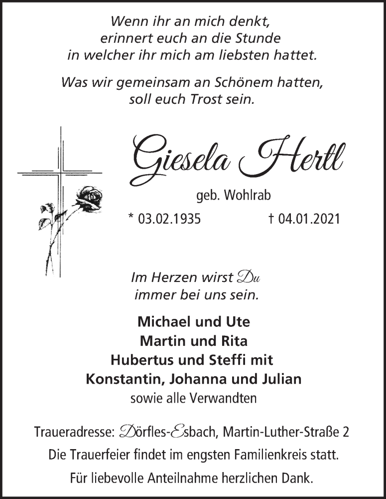  Traueranzeige für Giesela Hertl vom 09.01.2021 aus MGO