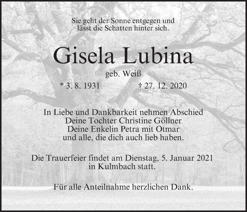  Traueranzeige für Gisela Lubina vom 02.01.2021 aus MGO