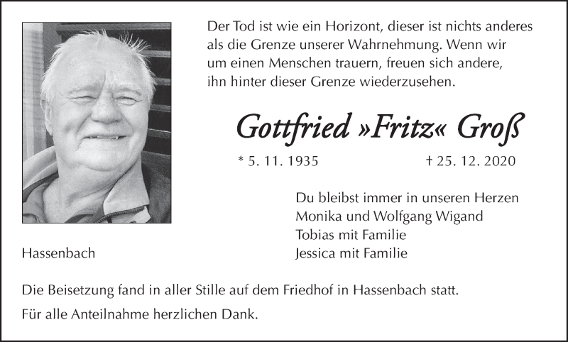  Traueranzeige für Gottfried Groß vom 16.01.2021 aus MGO