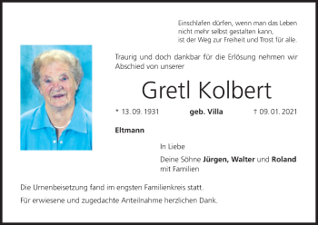 Anzeige von Gretl Kolbert von MGO