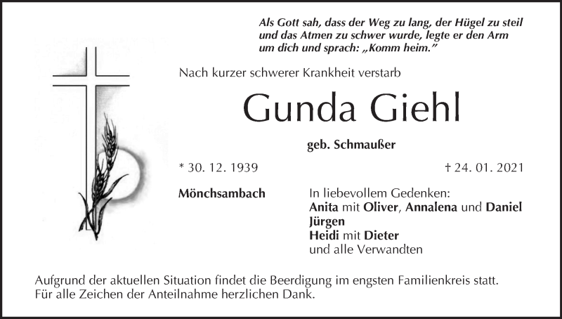  Traueranzeige für Gunda Giehl vom 26.01.2021 aus MGO