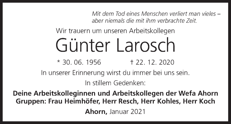 Traueranzeige für Günter Larosch vom 14.01.2021 aus MGO
