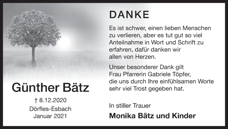  Traueranzeige für Günther Bätz vom 09.01.2021 aus MGO