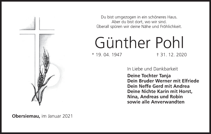  Traueranzeige für Günther Pohl vom 09.01.2021 aus MGO