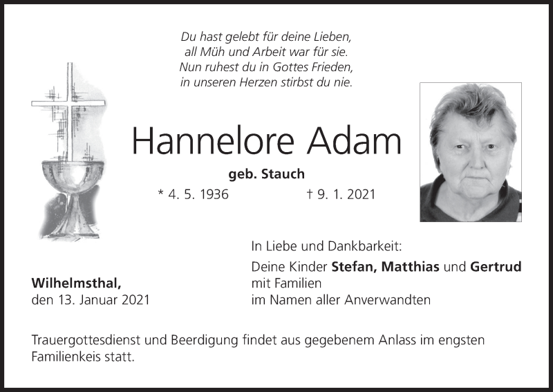  Traueranzeige für Hannelore Adam vom 13.01.2021 aus MGO