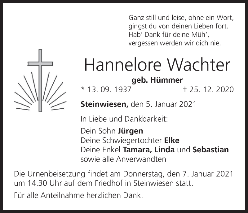  Traueranzeige für Hannelore Wachter vom 05.01.2021 aus MGO