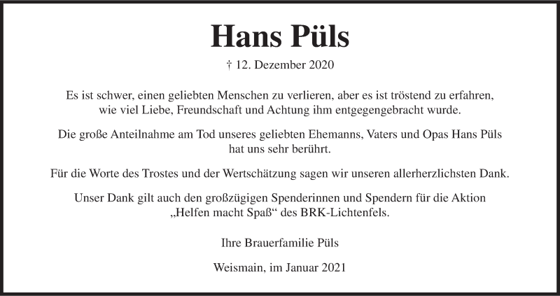  Traueranzeige für Hans Püls vom 16.01.2021 aus MGO