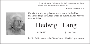 Anzeige von Hedwig Lang von MGO