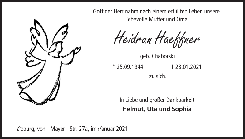  Traueranzeige für Heidrun Haeffner vom 30.01.2021 aus MGO