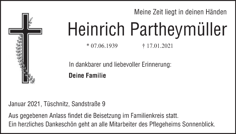  Traueranzeige für Heinrich Partheymüller vom 23.01.2021 aus MGO