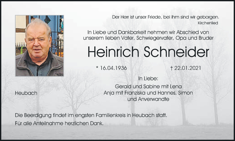  Traueranzeige für Heinrich Schneider vom 26.01.2021 aus MGO