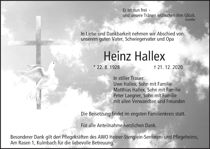  Traueranzeige für Heinz Hallex vom 28.01.2021 aus MGO