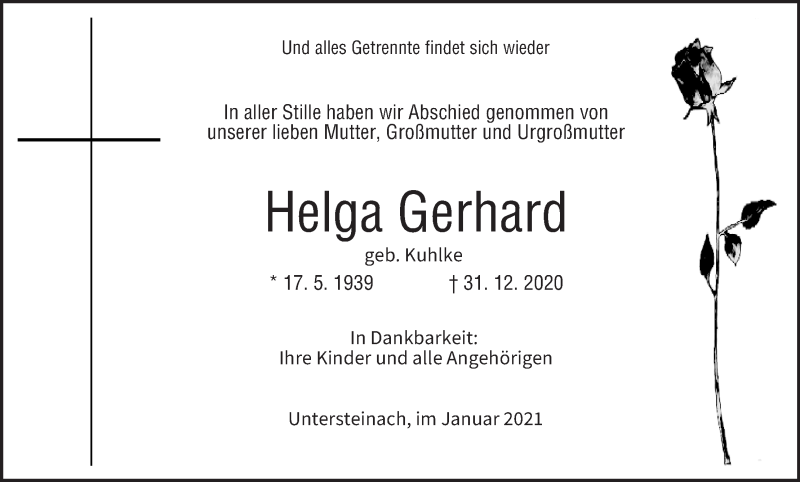  Traueranzeige für Helga Gerhard vom 30.01.2021 aus MGO
