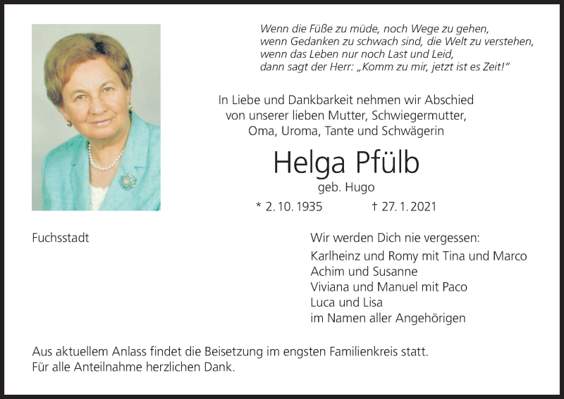  Traueranzeige für Helga Pfülb vom 30.01.2021 aus MGO