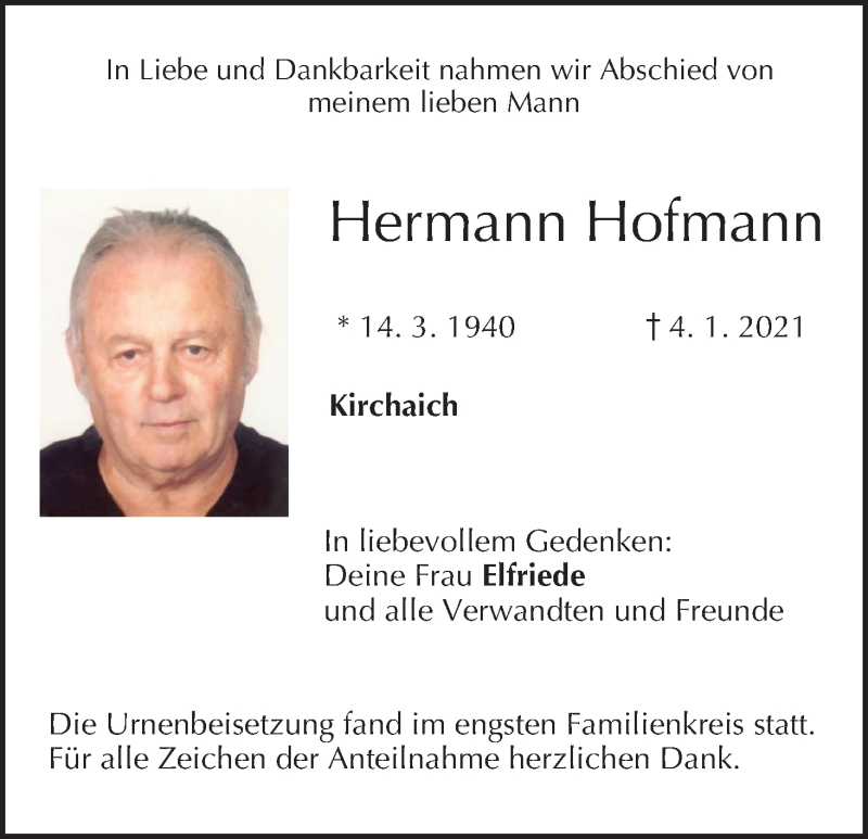  Traueranzeige für Hermann Hofmann vom 23.01.2021 aus MGO