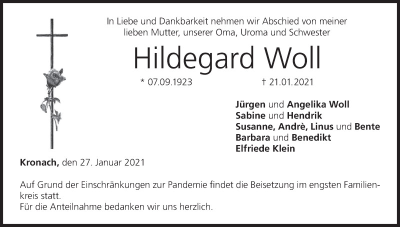  Traueranzeige für Hildegard Woll vom 27.01.2021 aus MGO