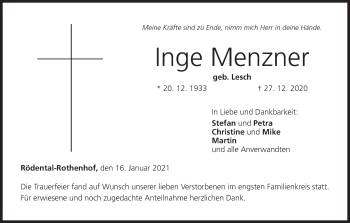 Anzeige von Inge Menzner von MGO