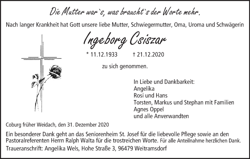  Traueranzeige für Ingeborg Csiszar vom 31.12.2020 aus MGO