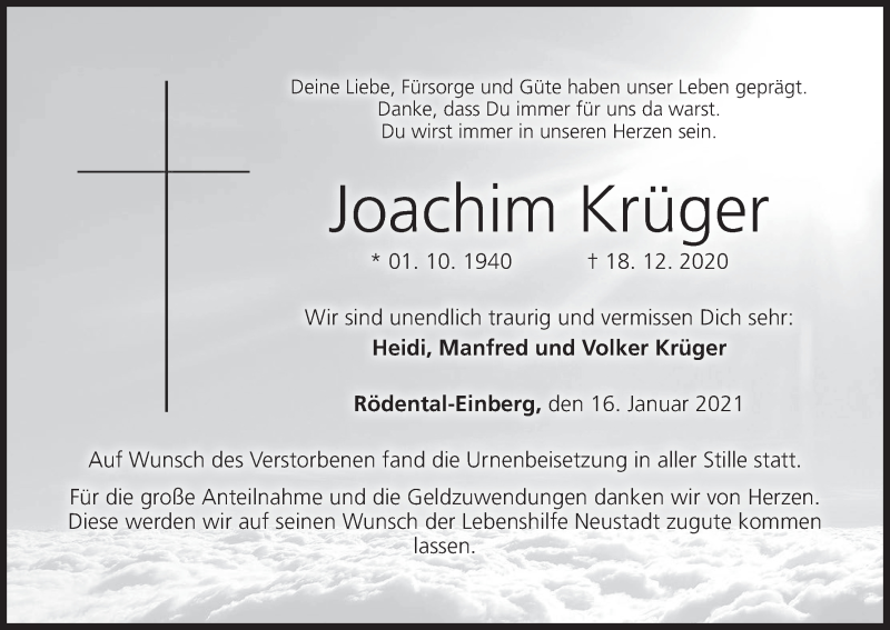  Traueranzeige für Joachim Krüger vom 16.01.2021 aus MGO