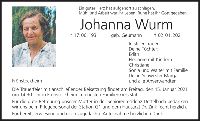  Traueranzeige für Johanna Wurm vom 09.01.2021 aus MGO