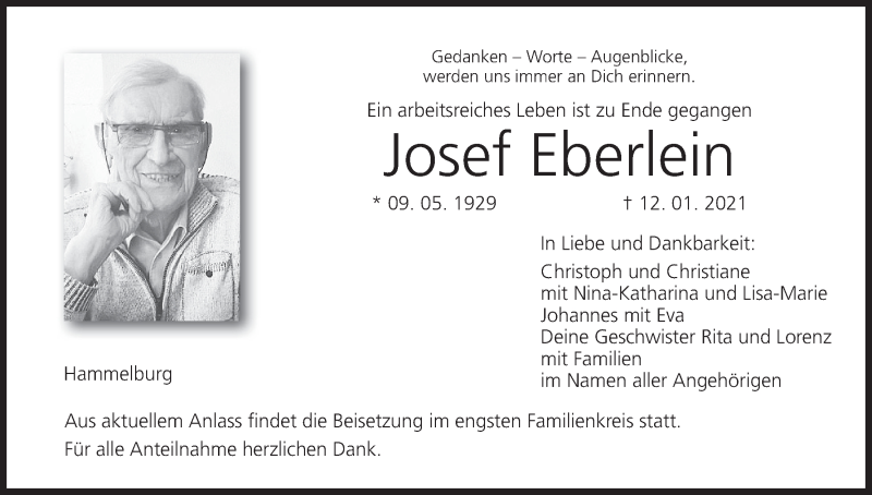  Traueranzeige für Josef Eberlein vom 15.01.2021 aus MGO