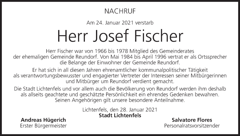  Traueranzeige für Josef Fischer vom 30.01.2021 aus MGO