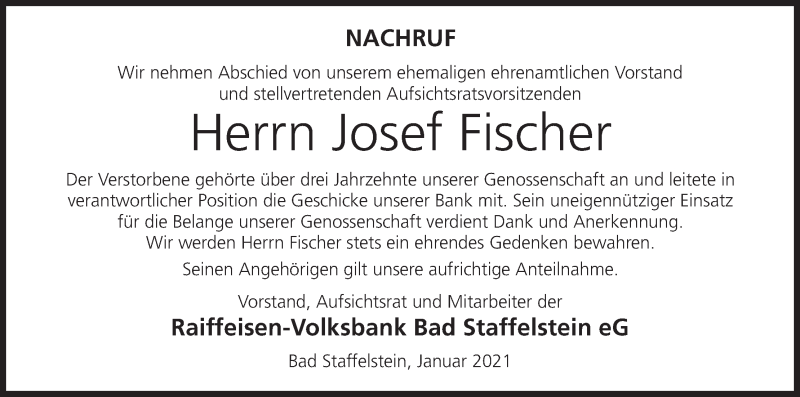  Traueranzeige für Josef Fischer vom 30.01.2021 aus MGO