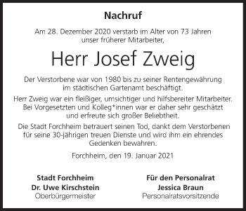 Anzeige von Josef Zweig von MGO
