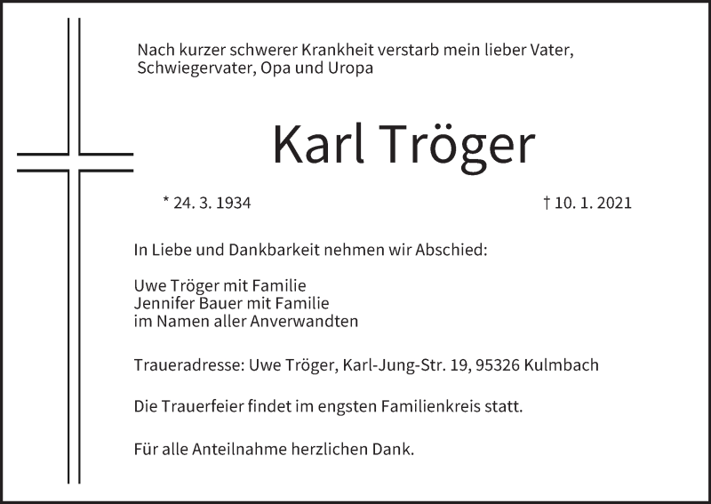  Traueranzeige für Karl Tröger vom 16.01.2021 aus MGO