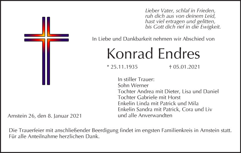  Traueranzeige für Konrad Endres vom 08.01.2021 aus MGO