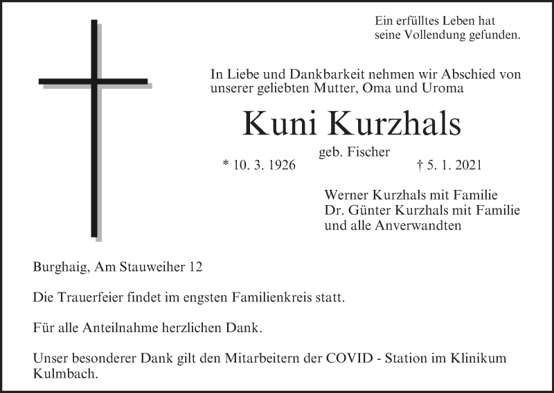  Traueranzeige für Kuni Kurzhals vom 14.01.2021 aus MGO