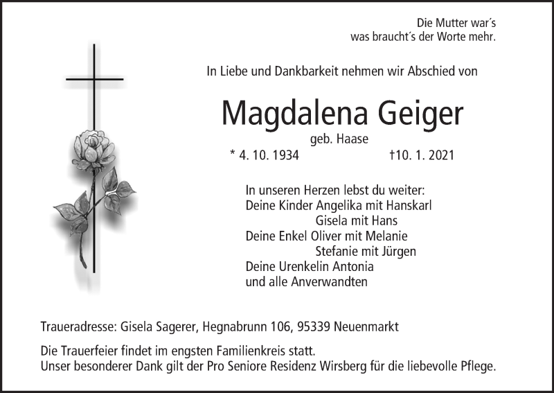  Traueranzeige für Magdalena Geiger vom 16.01.2021 aus MGO