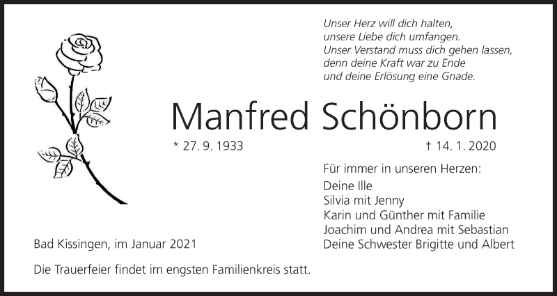  Traueranzeige für Manfred Schönborn vom 30.01.2021 aus MGO