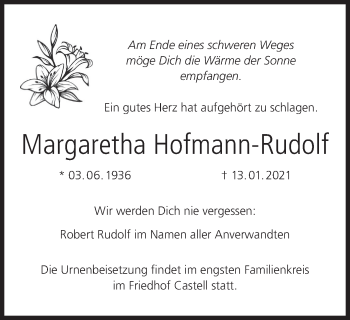 Anzeige von Margaretha Hofmann-Rudolf von MGO