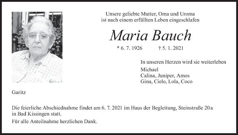  Traueranzeige für Maria Bauch vom 30.01.2021 aus MGO