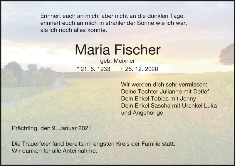  Traueranzeige für Maria Fischer vom 09.01.2021 aus MGO