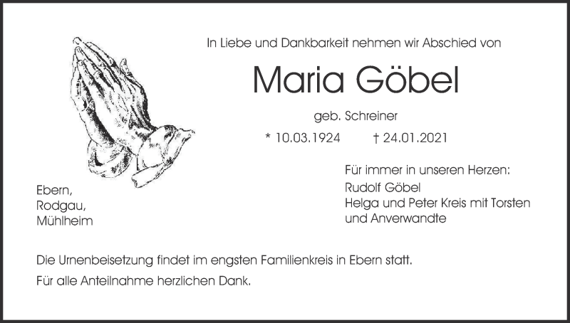  Traueranzeige für Maria Göbel vom 30.01.2021 aus MGO