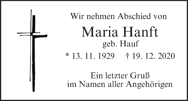  Traueranzeige für Maria Hanft vom 09.01.2021 aus MGO