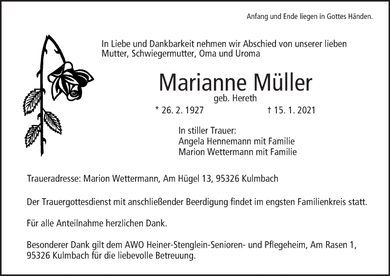  Traueranzeige für Marianne Müller vom 19.01.2021 aus MGO